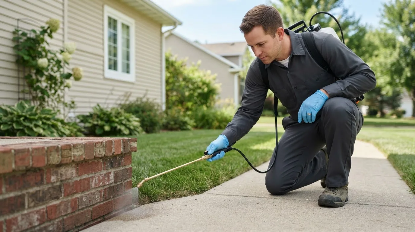 Pest control technician treating a home near Shoals, IN